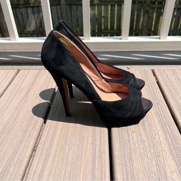 Aldo Elegant Black Suede Peep-Toe Heels - Picture 3 of 9